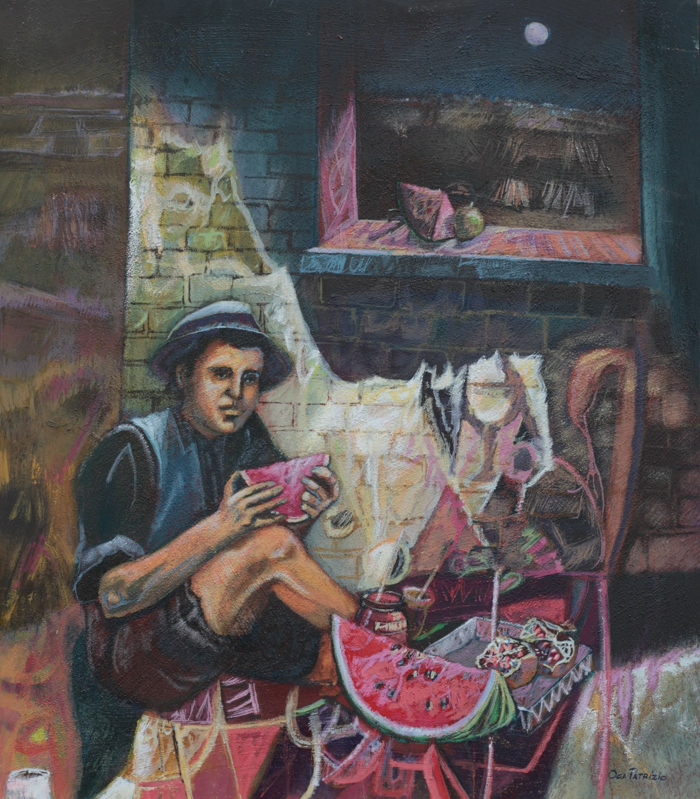 Oltre il muro, ragazzo con cocomero, dipinto di Patrizio Oca del 1993, olio su MDF