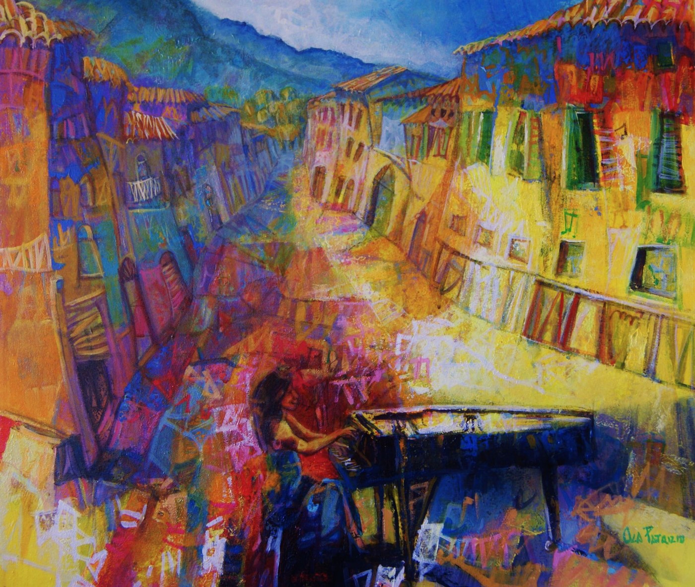 Musica nel borgo antico, la pianista, dipinto di Patrizio Oca del 2014, olio su tela
