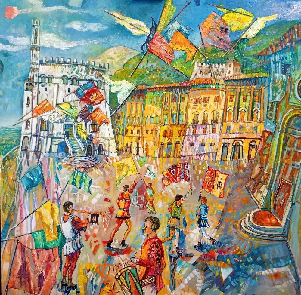Dipinto di Patrizio Oca con sbandieratori in costumi storici nella piazza di Gubbio durante la Festa dei Quattro Quartieri