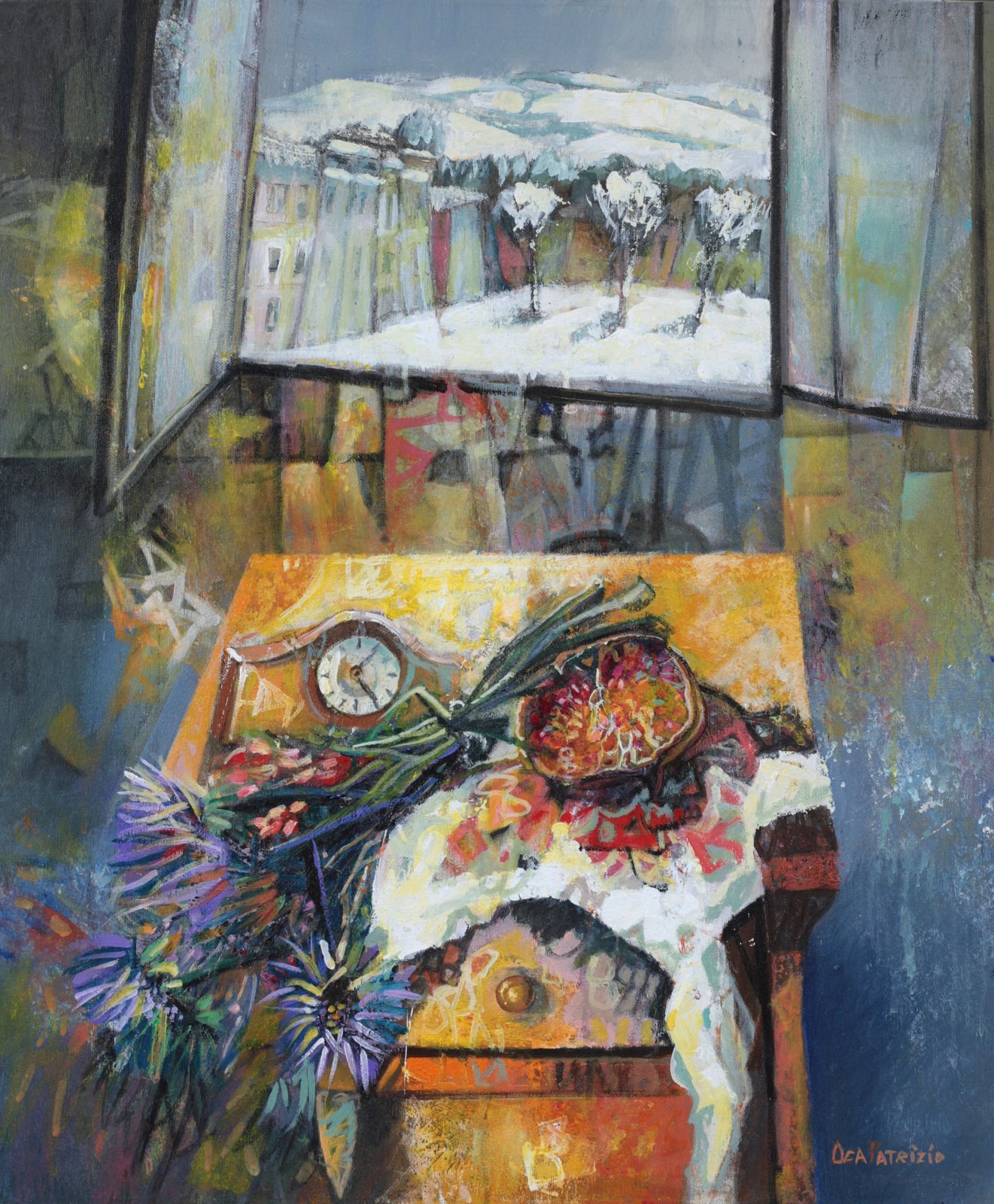 La vecchia sveglia, il melograno, sulla finestra con neve, dipinto di Patrizio Oca del 2010, olio su tela