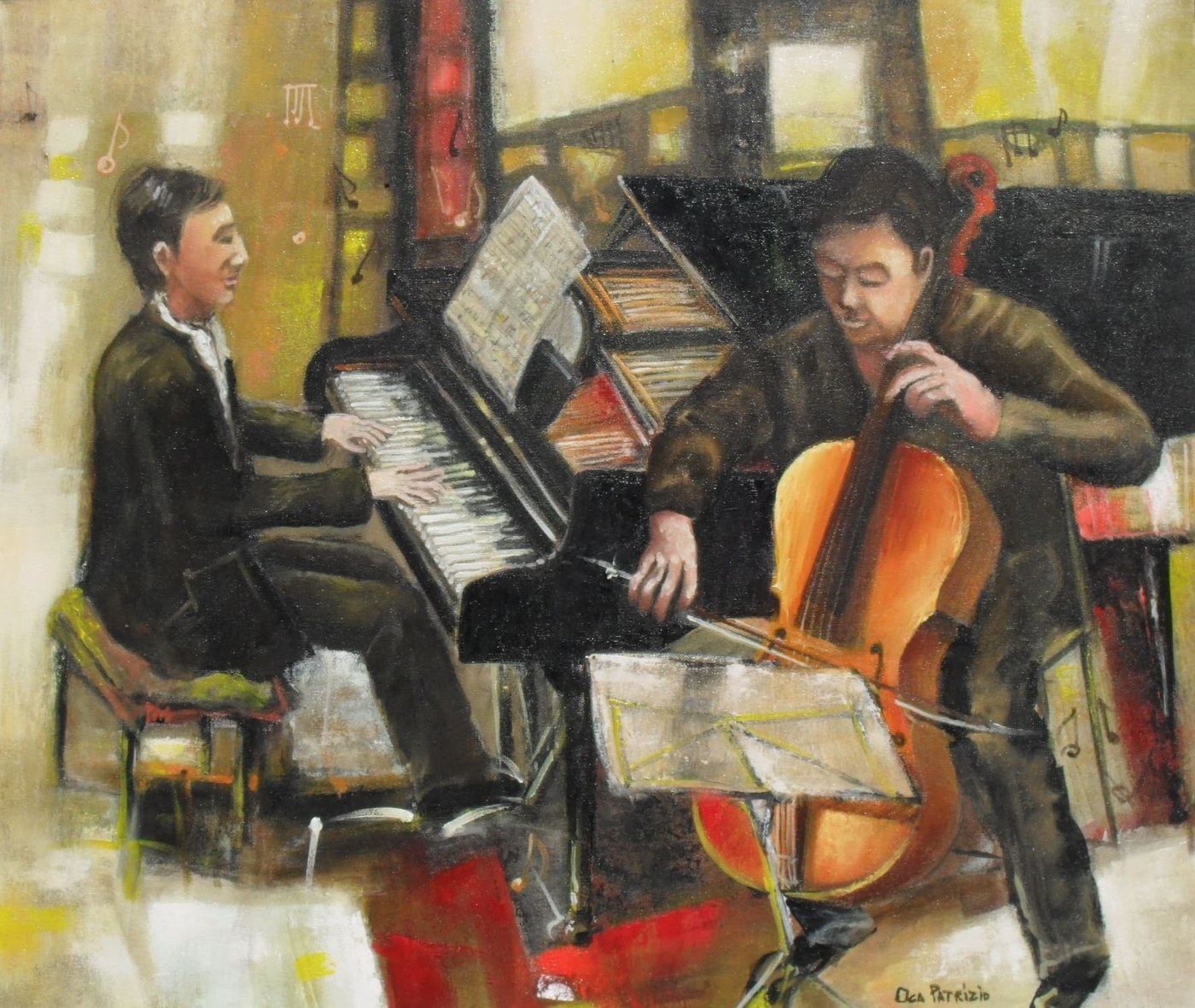 Duetto musicale, dipinto di Patrizio Oca del 2010, olio su tela