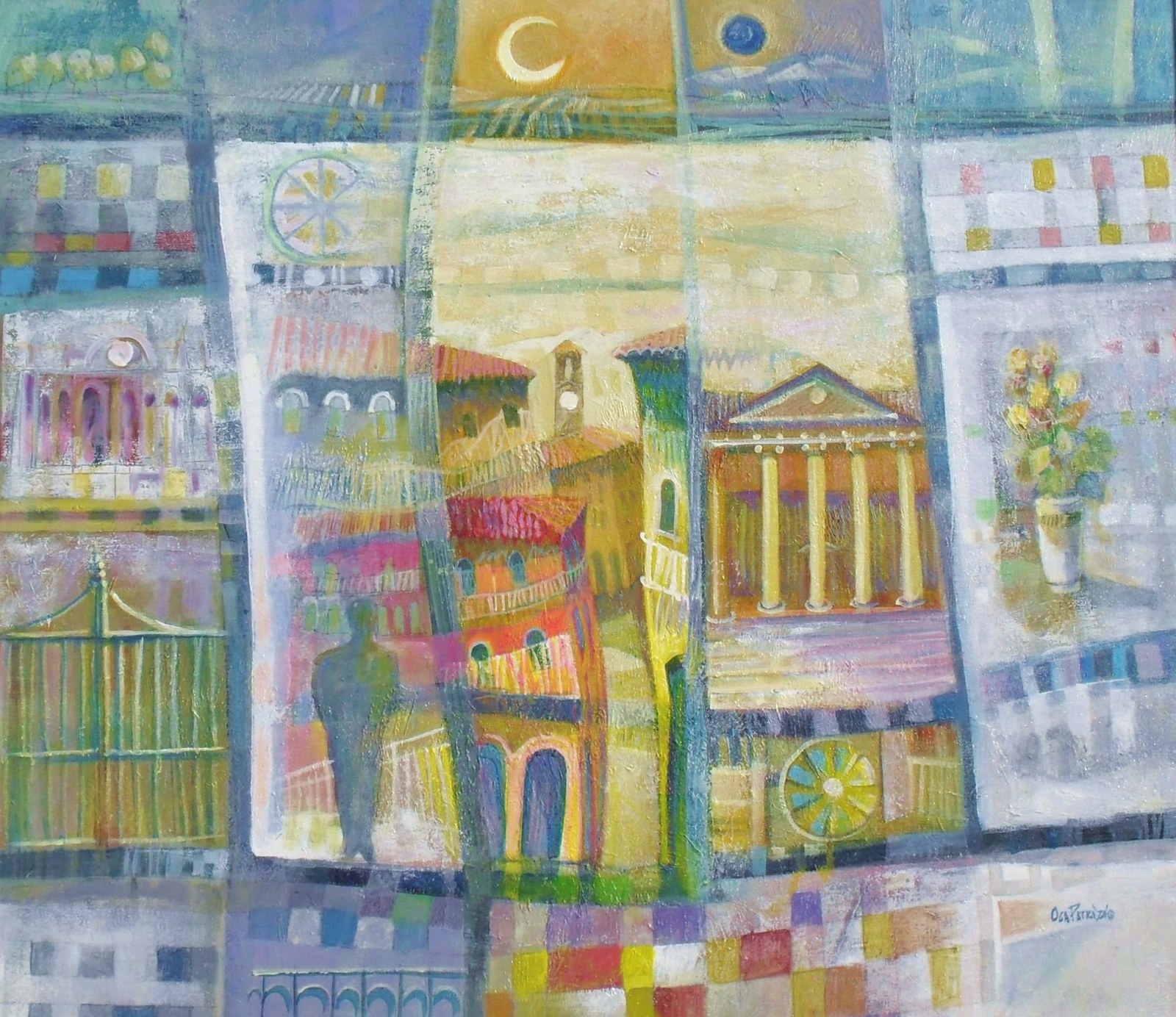 Simbologie e architetture, dipinto di Patrizio Oca del 2014, olio su tela, collezione privata