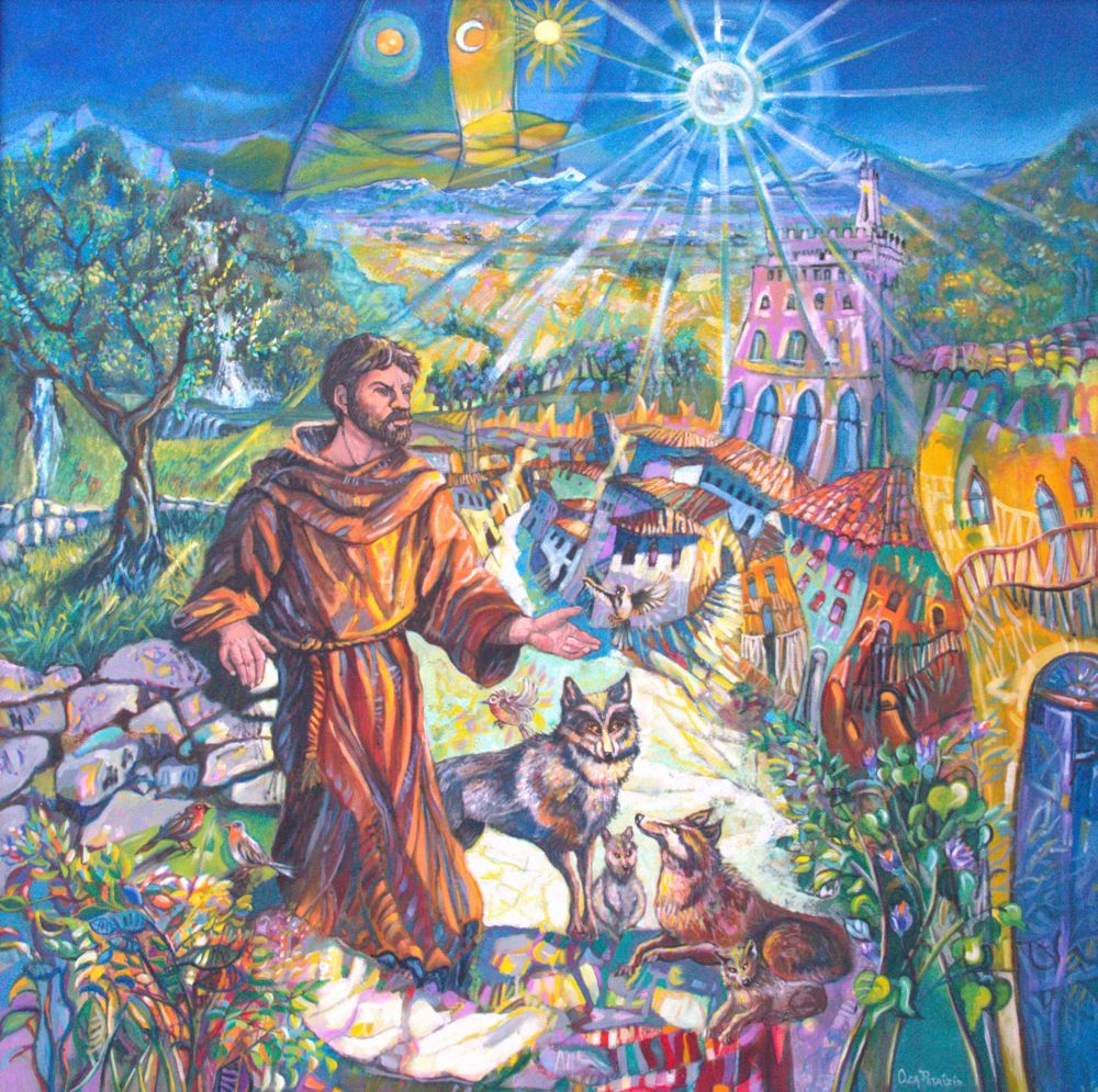 Dipinto di Patrizio Oca con San Francesco tra lupi, uccelli e un paesaggio luminoso con sole e luna