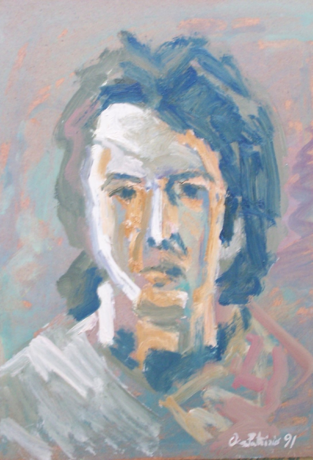 Autoritratto di Patrizio Oca del 1991 in tonalità chiare, dipinto a olio su MDF