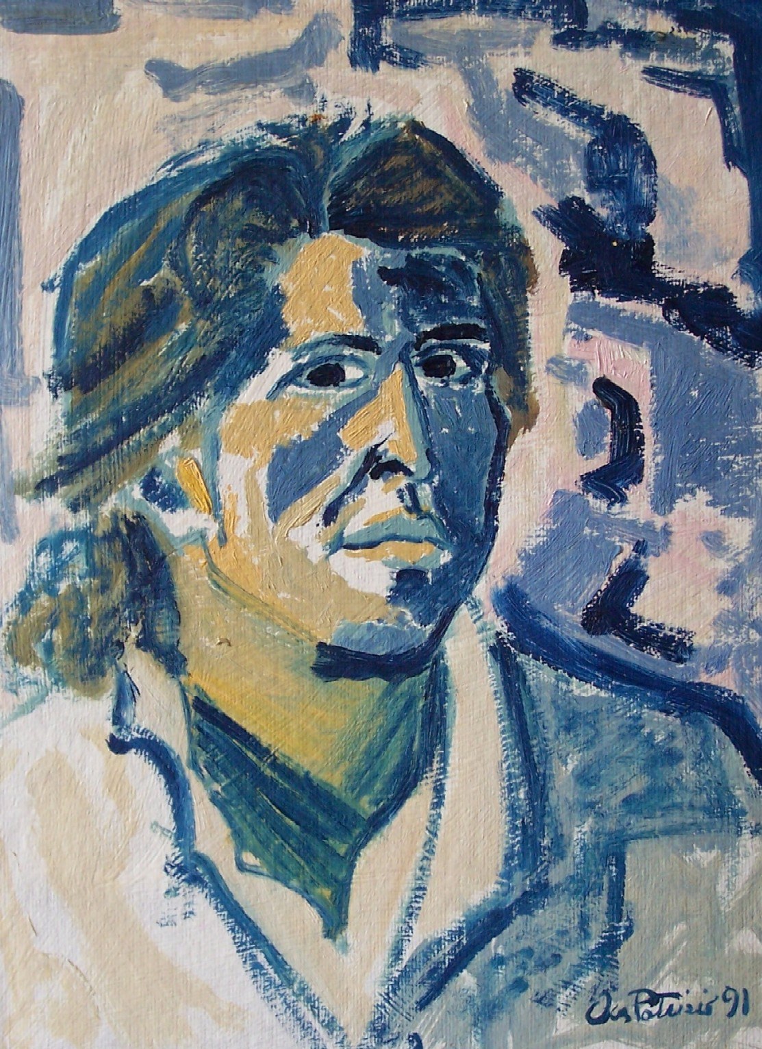 Autoritratto di Patrizio Oca del 1991 in tonalità blu, dipinto a olio su cartone