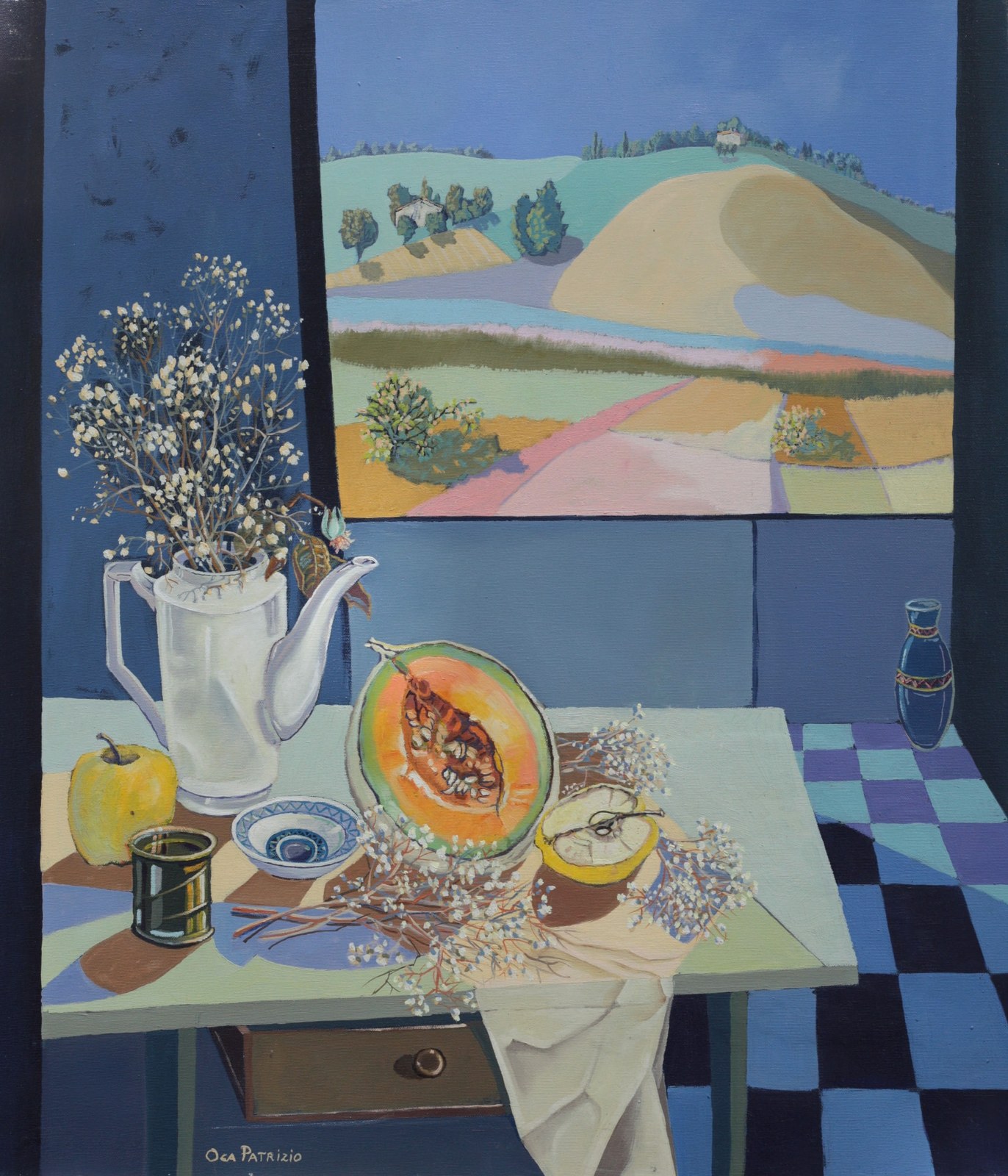 Composizione d'estate, su le mie colline, dipinto di Patrizio Oca del 2002, olio su tela
