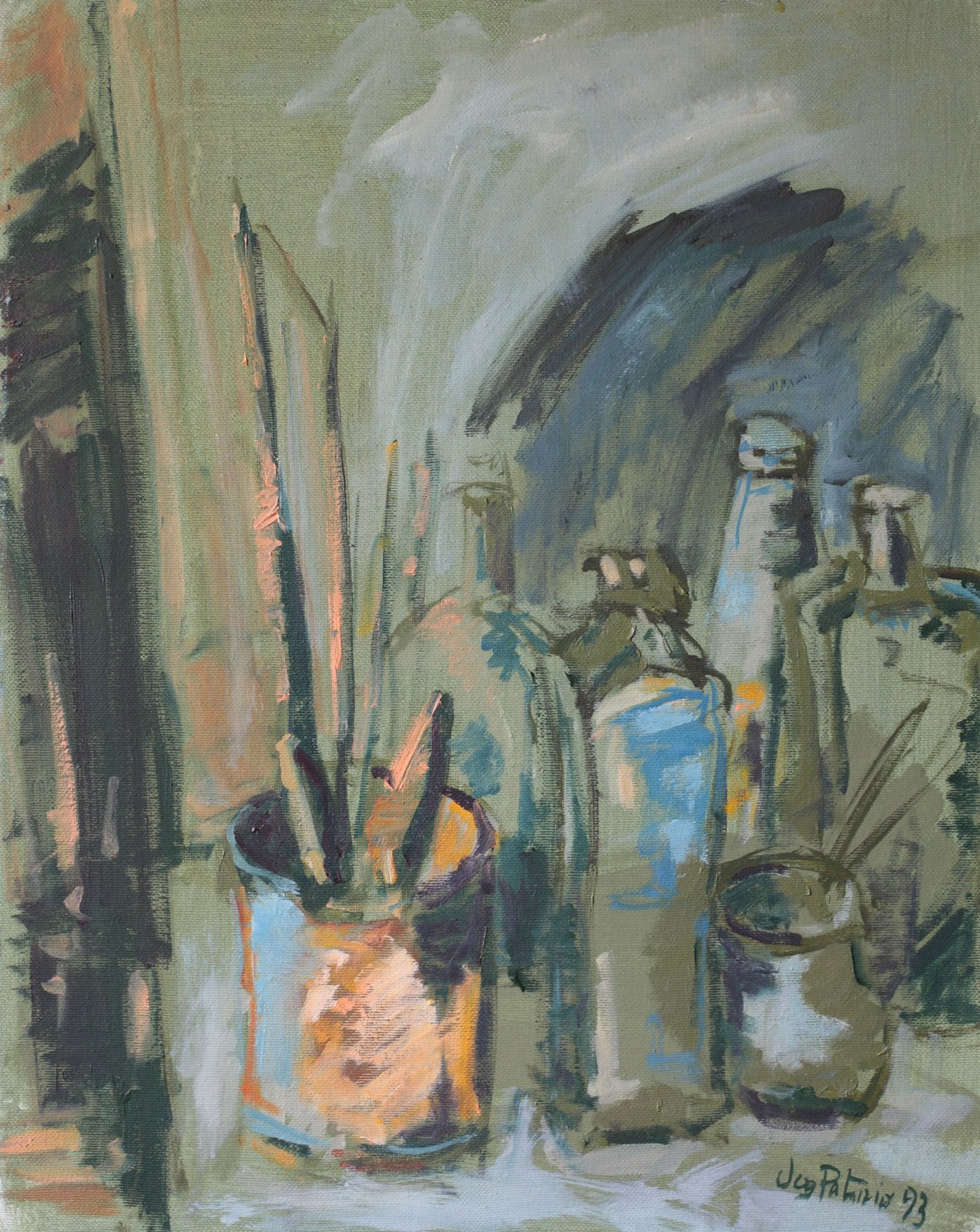Barattoli e pennelli, dipinto di Patrizio Oca del 1993, olio su tela