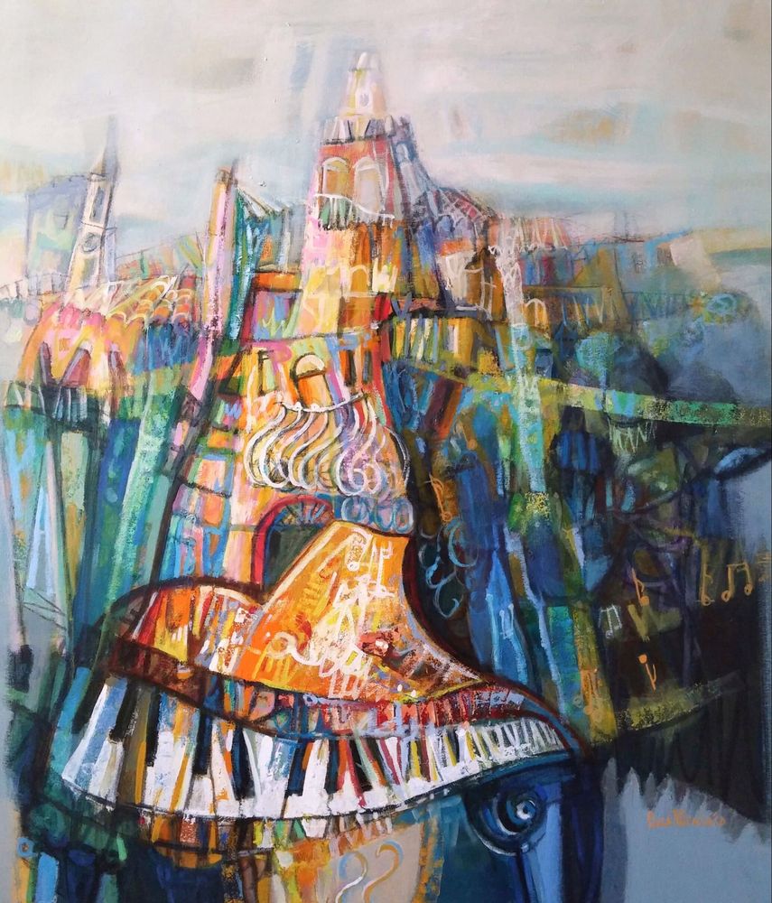 Dipinto di Patrizio Oca con un pianoforte a coda trasformato in architettura colorata con chiave di violino