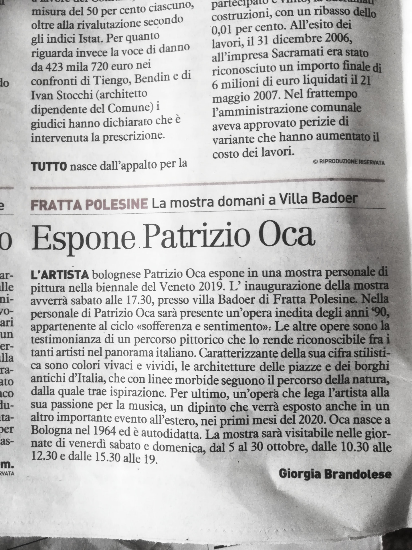 IL RESTO DEL CARLINO (EDIZIONE ROVIGO): Espone Patrizio Oca