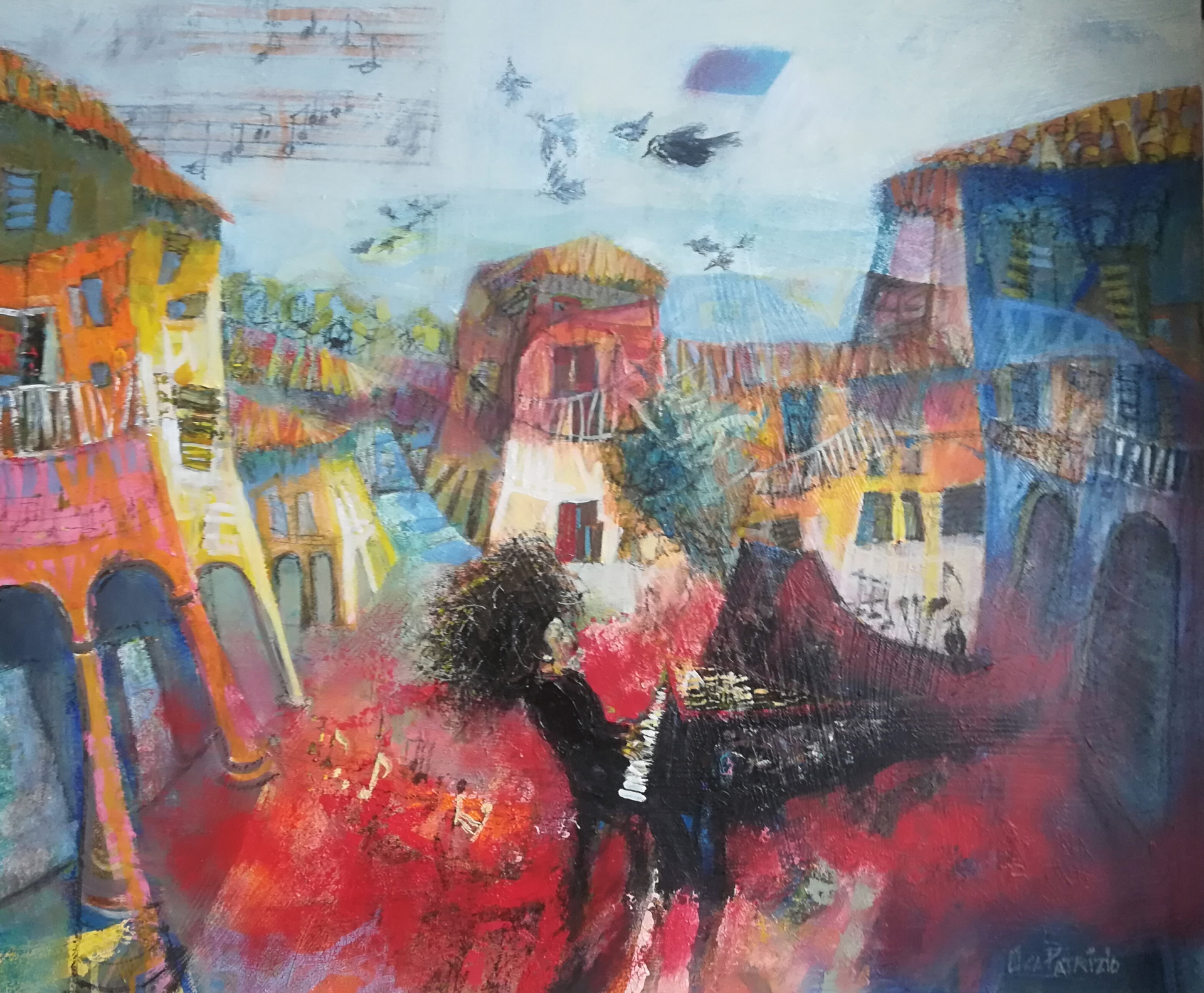 Dipinto di Patrizio Oca: un pianista e un pianoforte nero in un borgo dai colori intensi
