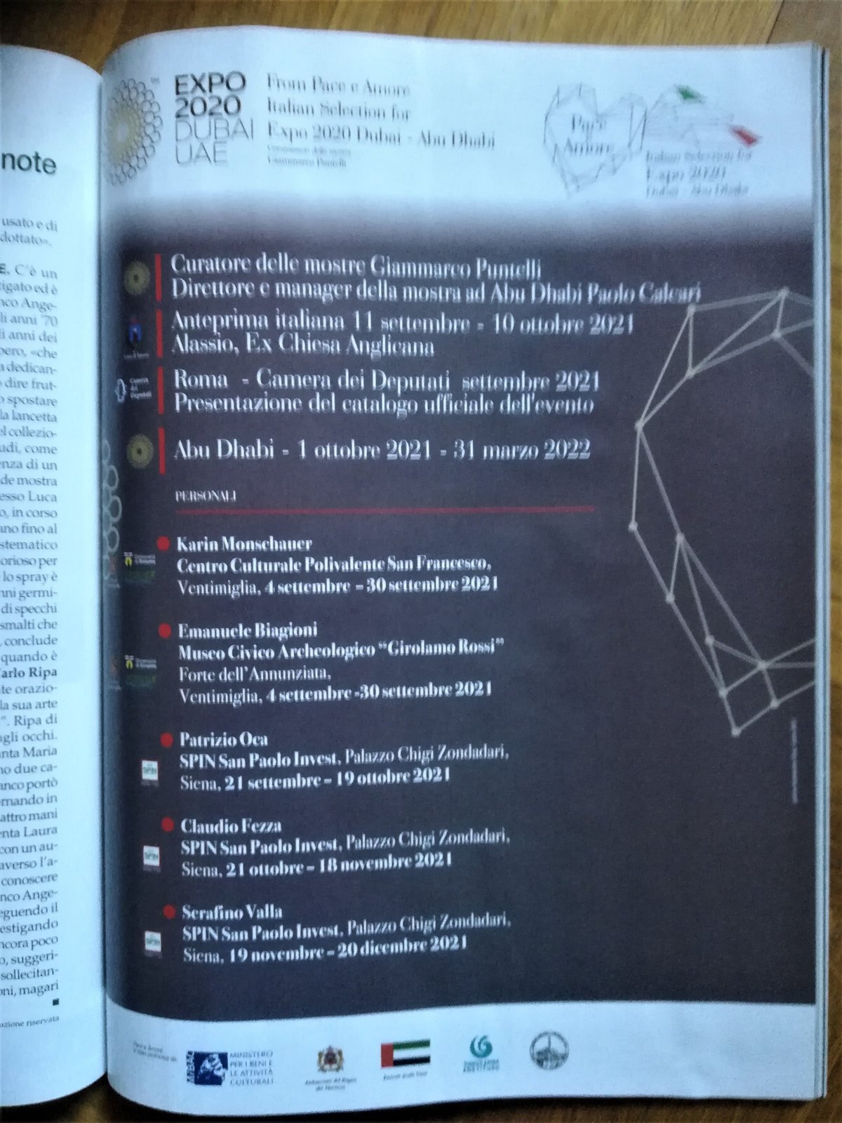 Pagina del catalogo ufficiale Expo 2020 Dubai con la tappa di Siena di Patrizio Oca