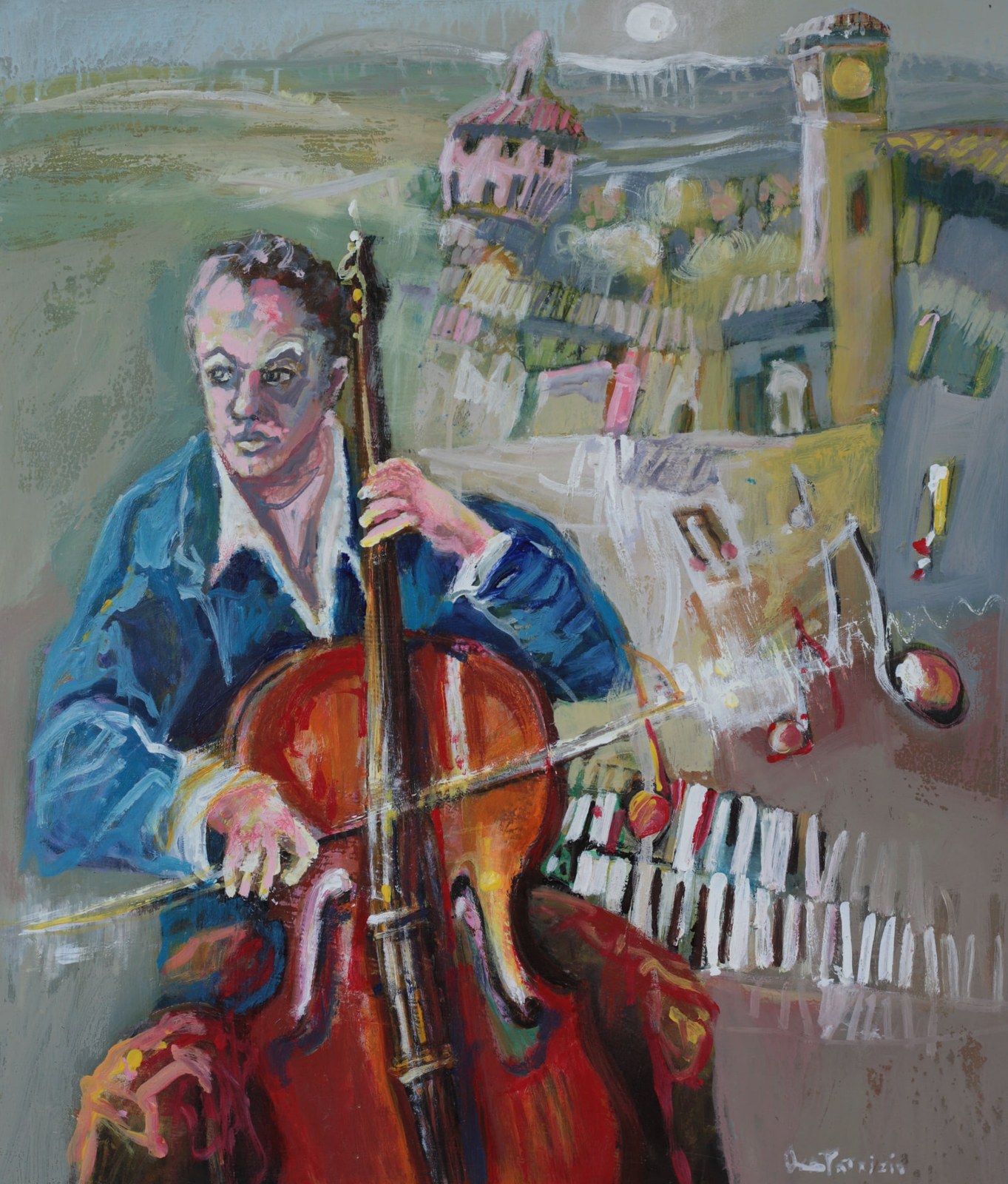 Il violoncellista nel borgo, dipinto di Patrizio Oca del 2009, olio su MDF