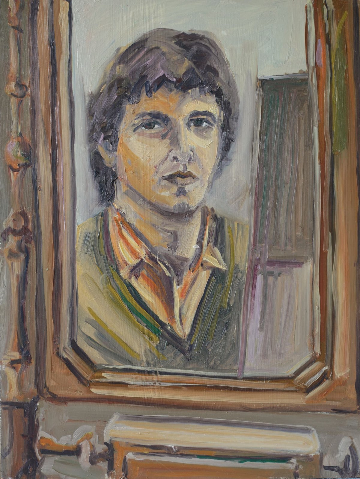 Autoritratto allo specchio di Patrizio Oca del 1992, dipinto a olio su MDF