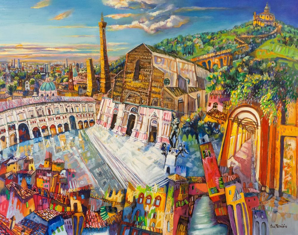 Dipinto di Patrizio Oca con una veduta colorata di Bologna tra torri, portici e la collina di San Luca