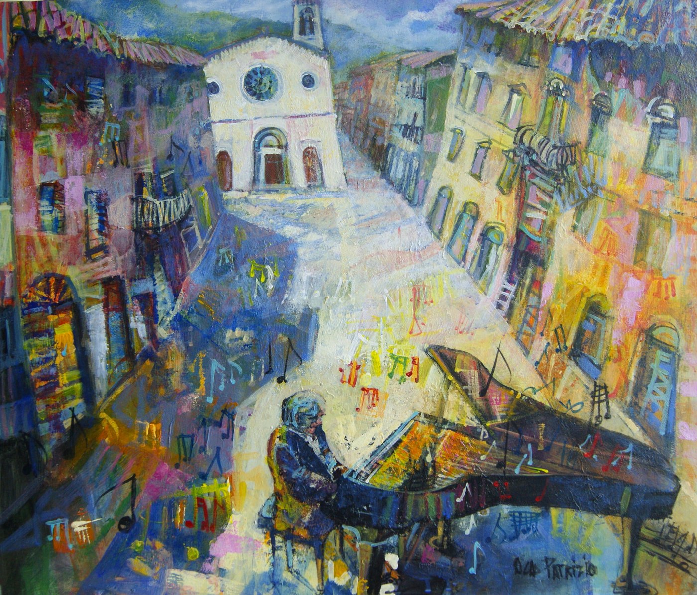 Pianista in piazza a Gualdo Tadino, dipinto di Patrizio Oca del 2013, olio su tela